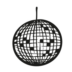 Hand drawn minimalist disco ball glass sparkling elements isolated sticker in whimsical monochrome retro vintage style.