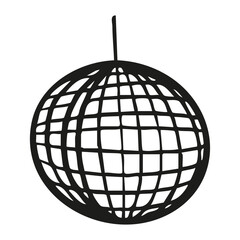 Hand drawn minimalist disco ball doodle glass sparkling elements isolated sticker in whimsical monochrome retro vintage style.