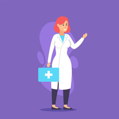 Female doctor with first aid kit vector illustration. Cartoon character ready to administer first aid. Medicine, help, occupation, treatment and healthcare concept