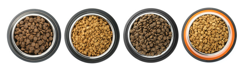 Dry pet food for dogs in feeding bowls isolated on white, top view