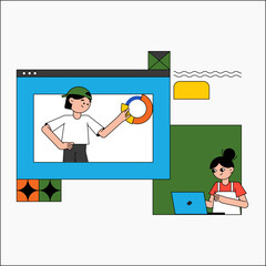 Online education scene with a male teacher and female student in flat vector illustration symbolizing learning, technology, and knowledge sharing, isolated on white background.