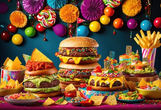 vibrant display irresistible junk food treats including chips sweets colorful arrangement festive table, burger, pizza, taco, candy, chocolate, fries