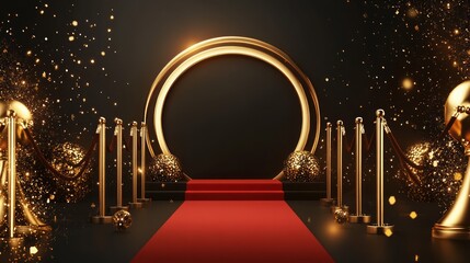 Elegant Golden Awards background with a luxurious red carpet at the center