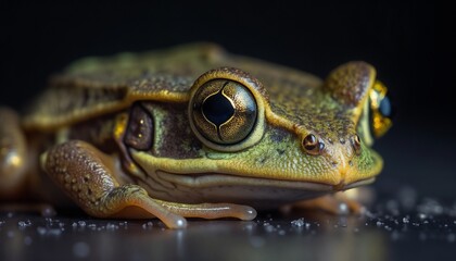 Extreme close-up of frog's face with reflective eye and textured skin