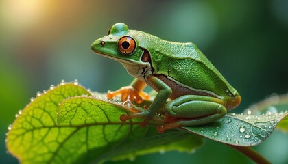 Obraz premium Green tree frog on dewy leaf with morning sunlight reflections