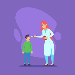 Nurse giving cough syrup to little patient vector illustration. Female doctor in white coat with remedy and boy taking medicine. Medicine, occupation, treatment and healthcare concept
