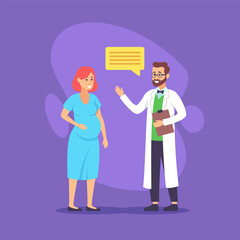 Pregnant woman chatting with doctor vector illustration. Medical specialist in white coat giving consultation to pregnant woman. Medicine, pregnancy and healthcare concept
