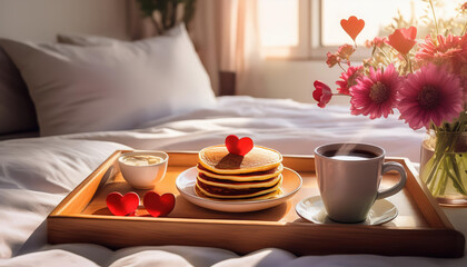 Fototapeta premium romantic breakfast tray with heart shaped pancakes, coffee, and flowers