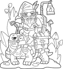 funny gnome rider riding a turtle, coloring book