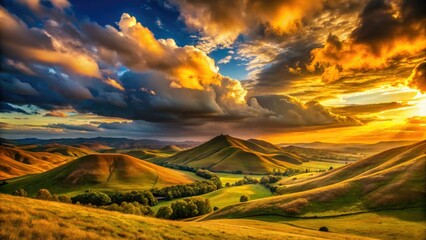 Dramatic sky looms over lonely, separated hills; a scene of peaceful solitude.