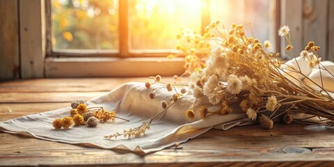 Rustic autumnal still life with dried flowers on a linen cloth and wooden surface bathed in warm sunlight