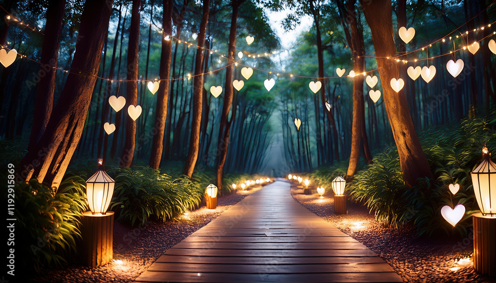 Poster serene forest path illuminated by glowing heart shaped lanterns and fairy lights, creating magical a