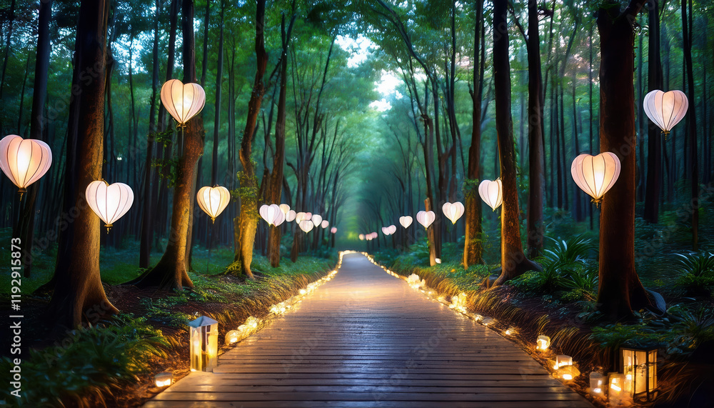 Poster serene forest path illuminated by glowing heart shaped lanterns and soft lights, creating magical at