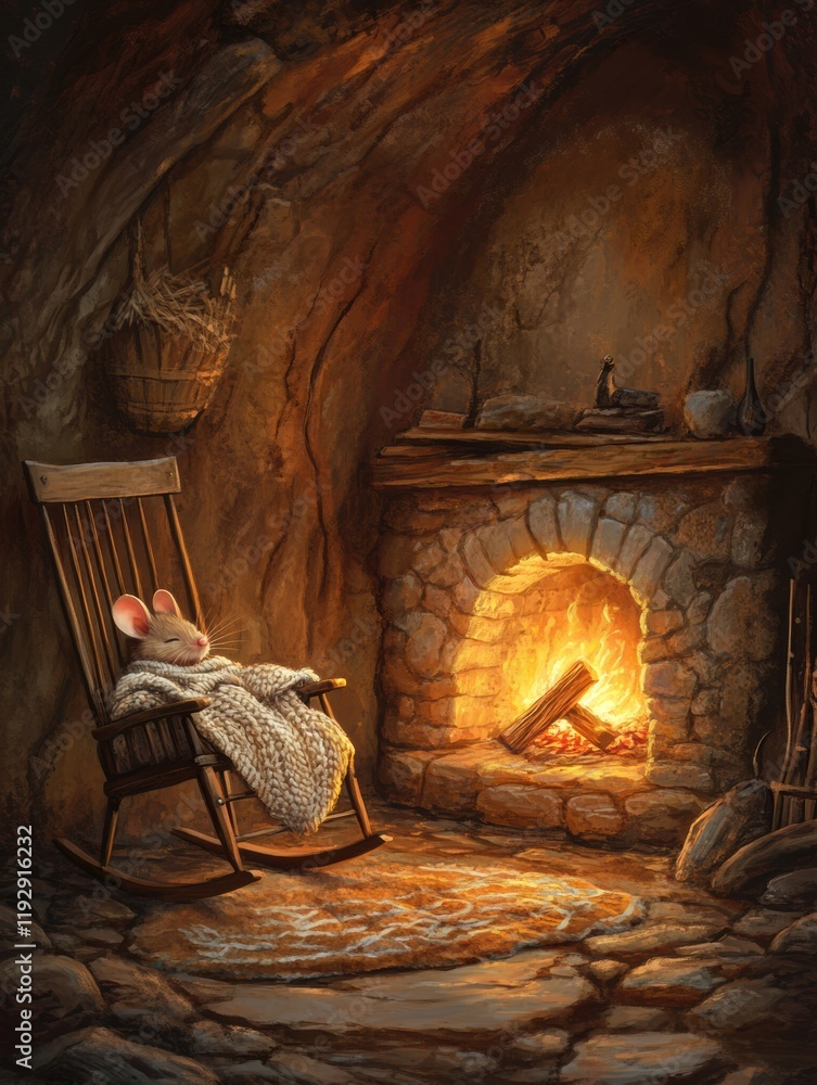 Aufkleber cozy mouse resting by the warm fireplace in a rustic cave retreat during a cold evening. generative 