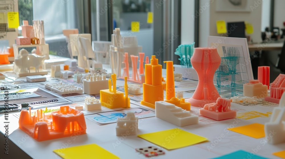 Poster colorful architectural scale models, created using cutting edge 3d printing technology, are displaye