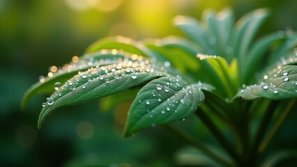 Close-Up of Dew-Covered Green Foliage in Morning Light

