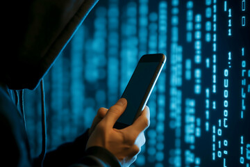 A shadowy figure in a hoodie holds a smartphone, with glowing binary code in the background, evoking themes of technology, secrecy, and digital communication.