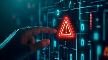 A hand reaching towards a digital warning symbol, indicating a potential alert or danger in a high-tech environment.