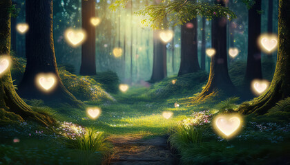 Enchanting forest with glowing heart shaped fireflies, magical ambiance