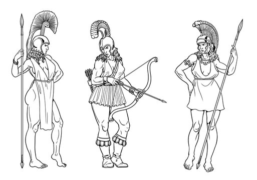 Women Warriors - Amazons. Handmade drawing with mythical female warriors from Greek mythology.