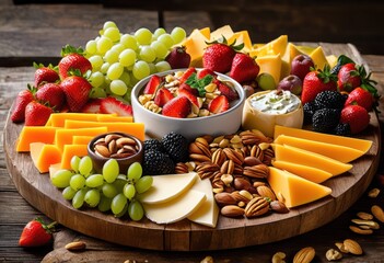 close view vibrant snack platter arrangement featuring colorful dips artfully displayed party gathering, appetizer, cheese, fruit, vegetable, meat, tray