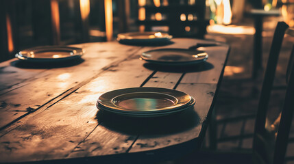 Obraz premium Empty dinner table with scattered plates and tense atmosphere, symbolizing unresolved family conflicts or emotional distance in a domestic setting