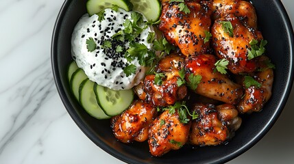 Glossy chicken wings nestle in black ceramic bowl alongside cucumber and yogurt dip, garnished with parsley and sesame seeds, presented on white marble in professional styling.