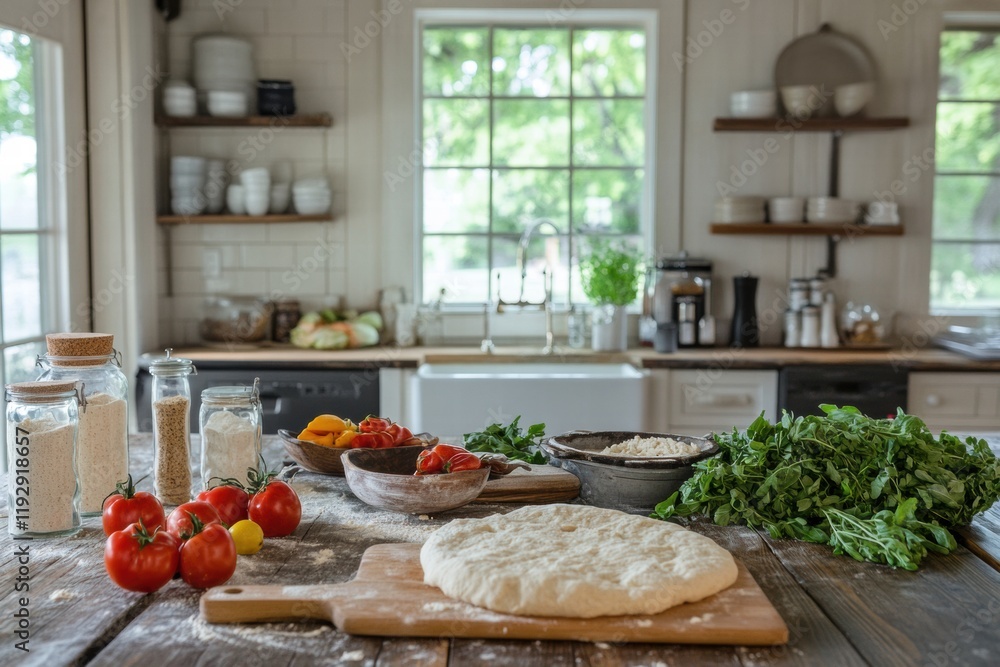 Leinwandbilder fresh ingredients and dough on rustic kitchen table ready for cooking and creating delicious meals i
