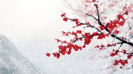 A traditional Chinese ink painting of red plum blossoms blooming in the snow, 