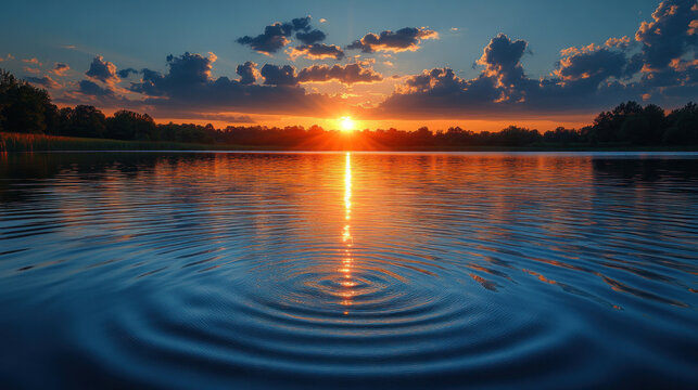 A serene sunset on a quiet lake, with soft ripples breaking the mirrored surface