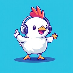 Obraz premium Chicken wearing headphones, dancing on blue background. Use cartoon character