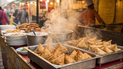 Obraz premium Freshly fried Indian street samosas displayed at a bustling food stall with steam rising in a vibrant market atmosphere