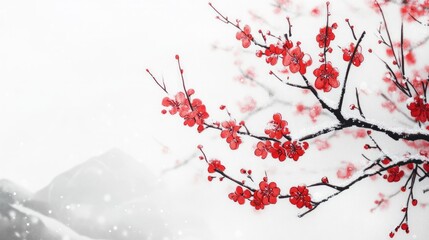A traditional Chinese ink painting of red plum blossoms blooming in the snow, 