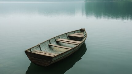 Obraz premium Solitary wooden rowboat on calm, misty lake.