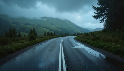 Fototapeta premium Winding road in a calm mood on a rainy day with mountains in the background and copy space