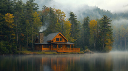 Fototapeta premium A tranquil lakeside cabin nestled among pine trees with smoke rising from the chimney