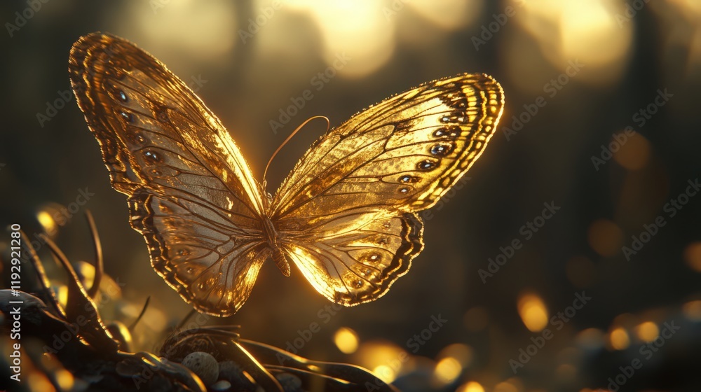 Poster golden butterfly with intricate wing patterns illuminated by golden bokeh lights