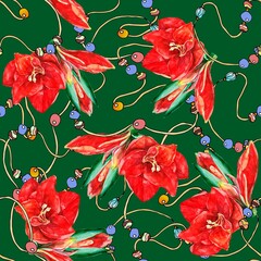 Watercolor  seamless pattern with red flowers amaryllis and beads on green background. 