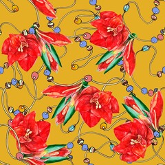 Watercolor seamless pattern with flowers amaryllis and 
colorful  beads on yellow background. 