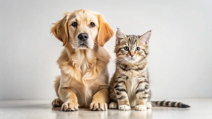 Golden retriever puppy and American shorthair kitten cuddle, a picture of adorable pet companionship.