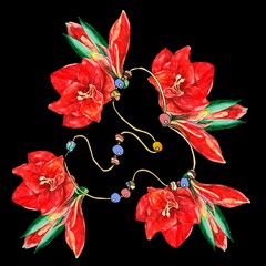 Watercolor red flowers amaryllis with beads on black background.  Illustration for decoration cards. 