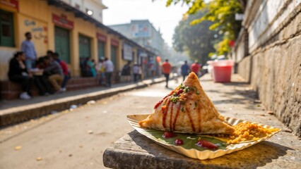 Obraz premium Crispy Indian street samosas served with chutney on a vibrant street corner in a bustling atmosphere