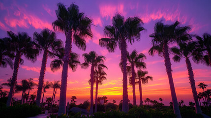 Obraz premium palm trees at sunset in purple and pink tones for background
