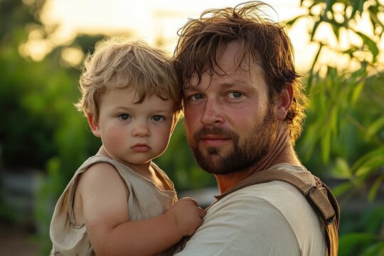 A heartwarming image capturing a father and son sharing a tender, heartfelt hug, symbolizing the unbreakable bond of parenthood and the pure, unconditional affection between a dad and his child This