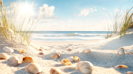 View of the sandy beach. Summer day. Shells in the sand.