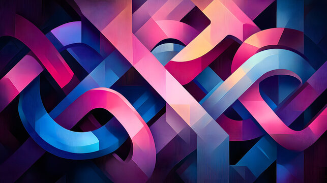 An abstract digital artwork of glowing interlocking geometric shapes in neon pink, purple, and blue, arranged in a futuristic and balanced layout 