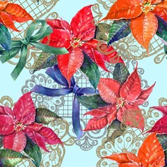 Watercolor seamless pattern with christmas elements. Poinsettia,  openwork and ribbon on blue background. 