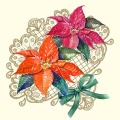 Watercolor  floral background with flowers and ribbon.  Illustration for decoration cards. 