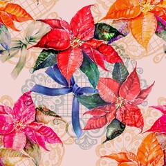 Watercolor seamless background with flowers, bow and lace on pink fond. 
