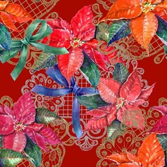 Watercolor  seamless pattern with red flowers and green ribbons on  gold lace . Illustration for decoration on burgundy background. 